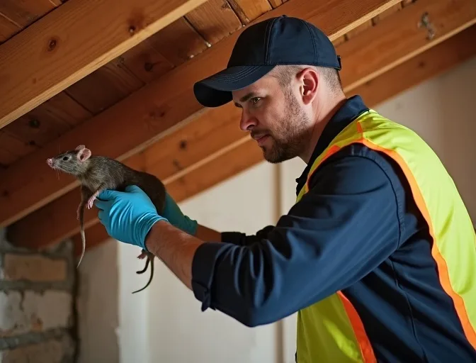 Technician inspecting a roof cavity for a dead rat in Selby